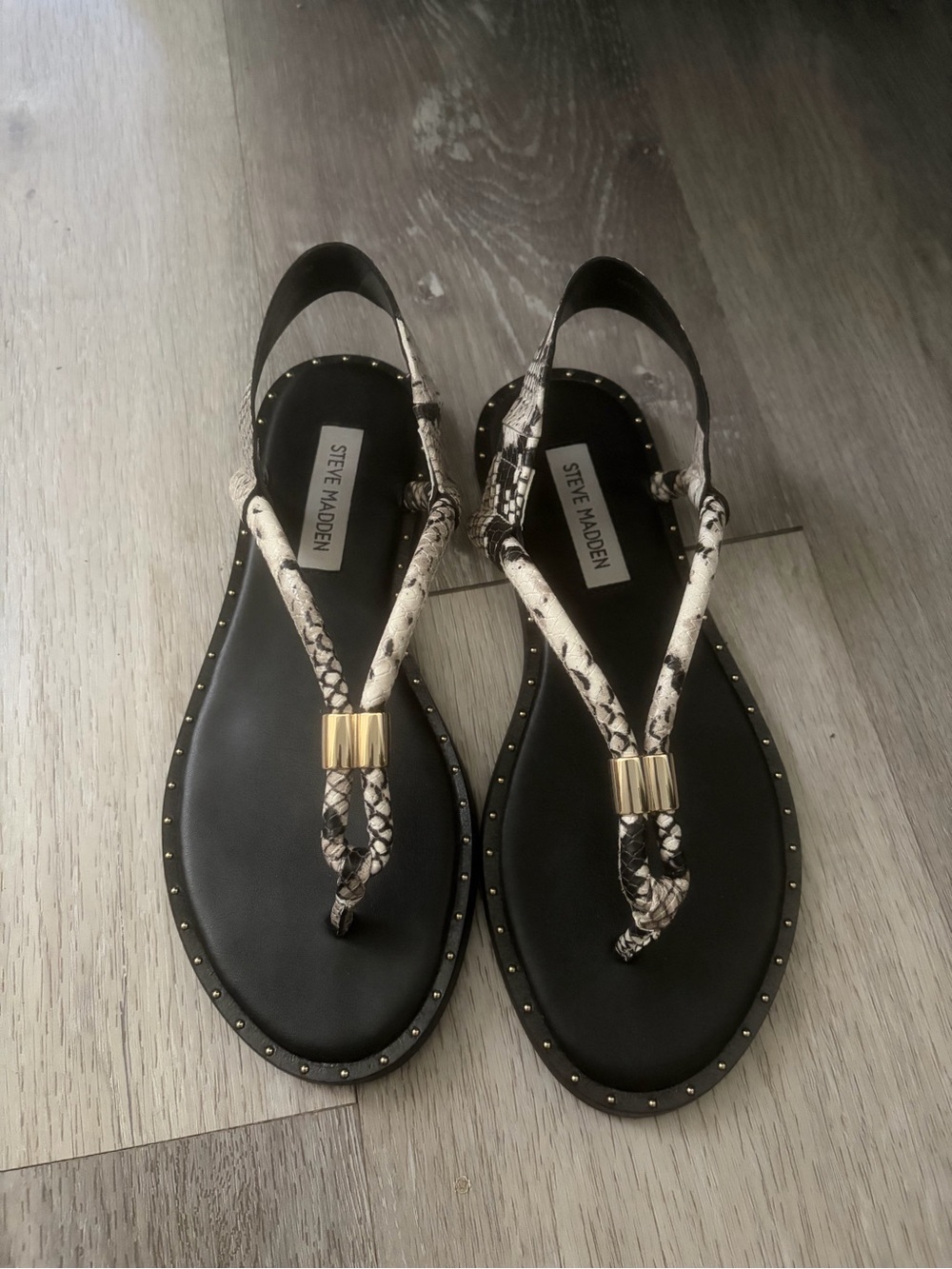 Steve Madden Black and White Snake-Print Slingback Sandals with Gold Detail